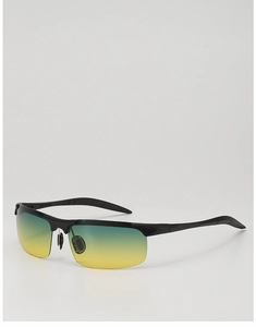 Detail view of sport sunglasses with black semi-rimless frame and yellow-green lenses