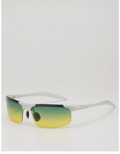 Detail view of silver semi-rimless polarized sunglasses with green-yellow gradient lenses