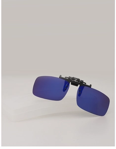 Blue mirrored polarized clip-on sunglasses with mechanical clip and protective case