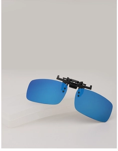 Detail view of blue polarized sunglasses clip-on lens for prescription glasses