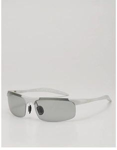 Detailed view of silver semi-rimless polarized sunglasses with textured non-slip temples