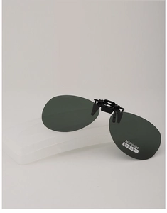 Polarized TAC clip-on sunglasses in dark green with a rectangular storage case