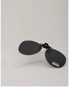 Detailed view of black clip-on polarized sunglasses with a matte protective storage case