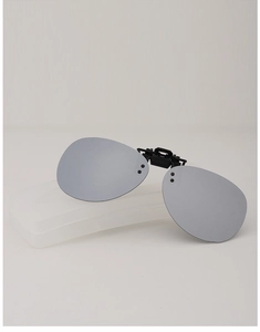 Close-up of polarized clip-on sunglasses with gray lenses and storage case