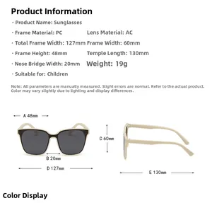 Close-up of lightweight off-white square frame sunglasses for kids with size dimensions