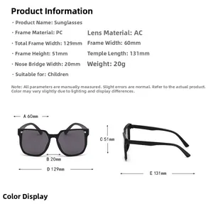 Detailed size specification for kids square frame sunglasses with 129mm frame width