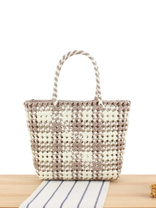 Women PVC Woven Handbag Checkerboard Pattern Waterproof Beach Tote Shopping Basket Fresh Style