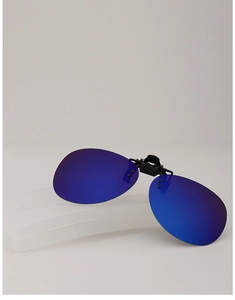 Close-up of polarized blue mirror clip-on sunglasses for driving with spring bridge