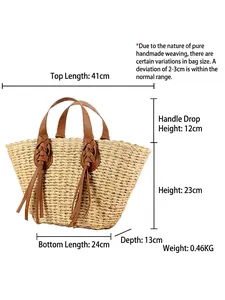 Handmade woven straw tote bag with brown leather handles and detailed size dimensions