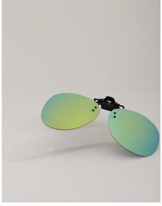 Polarized clip-on sunglasses with green-yellow mirror lenses and matte storage case
