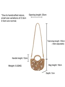 Borsa da spiaggia a semicerchio in paglia intrecciata con fiori e dettagli delle misure