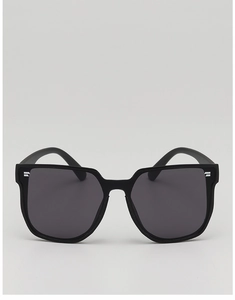 Detail of black square kids sunglasses with silver metal accents on matte frames