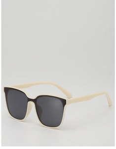 Detail of kids oversized sunglasses showing black frame and cream interior color contrast