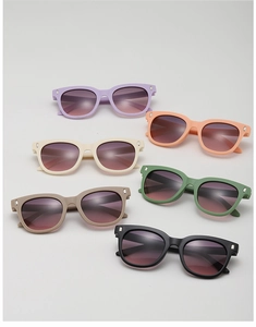 Flat lay of square children's sunglasses in six colors with gradient lenses