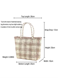 Handwoven PVC tote bag with cream and light brown checkerboard pattern and dimensions