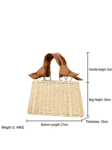 Straw tote bag with brown leather knotted handles and detailed size measurements
