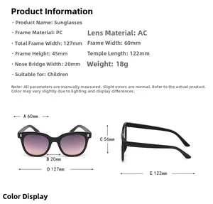 Detailed size chart for kids PC sunglasses showing precise frame and lens measurements