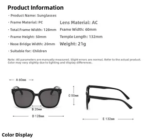 Size chart for kids sunglasses showing 128mm frame width and 132mm temple length