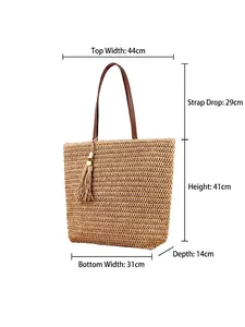 Large straw tote bag with brown leather handles and dimensions for summer beach vacations