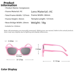 Detailed size chart for kids pink PC sunglasses with AC lens and precise dimensions