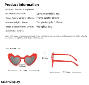 Spécifications de taille pour lunettes de soleil enfant en forme de cœur avec monture en PC