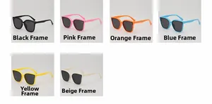 Detailed grid of six oversized square kids' sunglasses in various vibrant colors