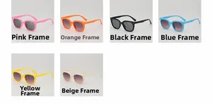 Detailed grid showing square frame sunglasses in pink, orange, black, blue, yellow, and beige