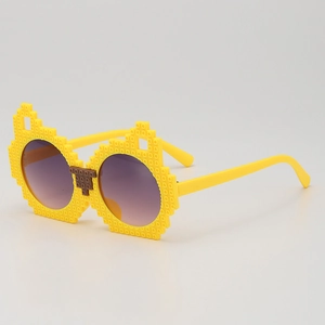 Yellow building block pixelated sunglasses for kids with purple gradient lenses