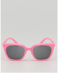 Detailed view of pink square frames and dark UV-protective lenses on kids sunglasses