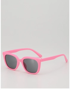 Detail view of pink square frame sunglasses with dark lenses for children