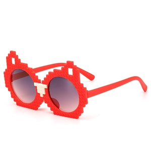 Kids red pixel building block sunglasses with round purple gradient lenses and white accents