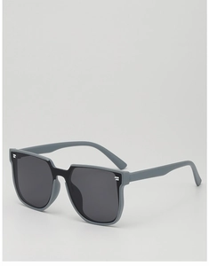 Detail of matte gray square kids sunglasses with silver metal stripes on the frame temple