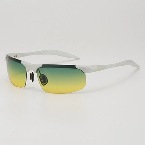 Modern white semi-rimless polarized sports sunglasses with yellow-green gradient lenses