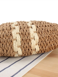 Large hand-woven straw tote bag for women featuring a minimalist two-tone weave pattern