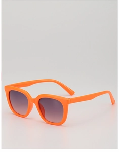 Close-up of bright orange square sunglasses with purple gradient lenses and smooth finish