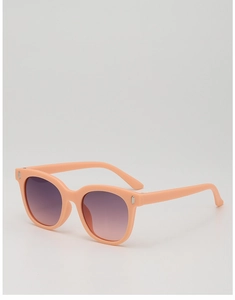 Detail of coral pink matte frame sunglasses with purple gradient lenses and silver rivets