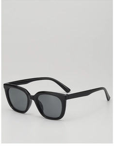 Detailed close-up of glossy black square frame kids sunglasses with dark gray lenses
