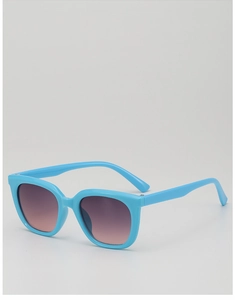 Detail of light blue frame kids sunglasses with grey to brown gradient lenses