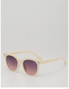 Detail of cream white baby sunglasses with silver rivets and purple gradient lenses