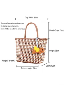 Handwoven two-tone plastic tote bag with elephant charm and size specifications