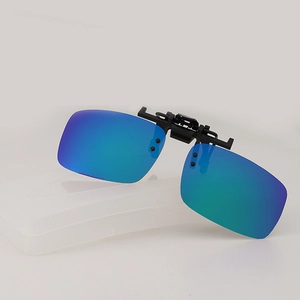 Polarized clip-on sunglasses with blue-green mirror lenses and a white protective case