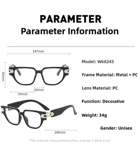Especificaciones detalladas de gafas cat eye con detalles de perlas y medidas técnicas