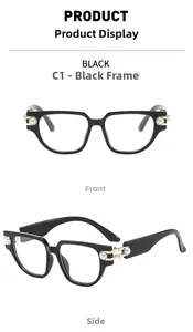Montura de gafas cat-eye negra con detalle de bisagra de perla, vistas frontal y lateral