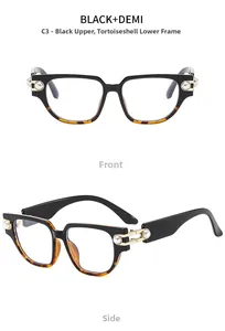 Detalle de gafas cat eye con bisagra de perla en negro y carey elegante