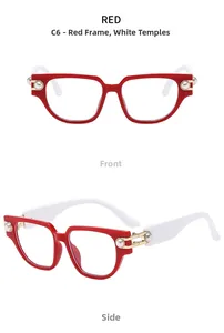 Vistas frontal y lateral de gafas cat-eye rojas y blancas con adornos de perlas