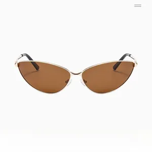 Detail of gold metal cat eye sunglasses with adjustable nose pads and brown tinted lenses