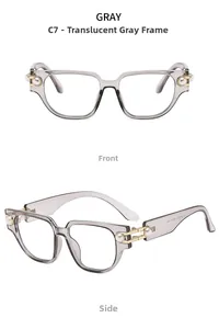 Detalle de gafas cat-eye gris transparente con perlas y decorado de metal dorado