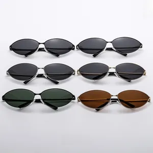 Multiple color options of metallic cat-eye sunglasses with oval frames and silicone pads