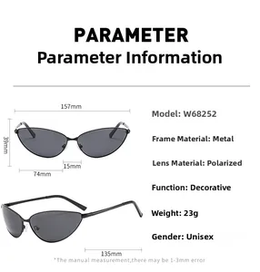 Detailed technical diagram of cat eye sunglasses showing frame dimensions and lens specs