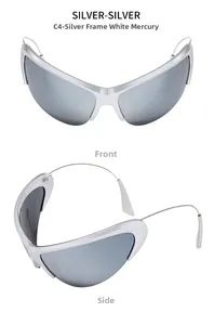 Vues de face et de profil de lunettes de soleil cyberpunk argentées à miroir